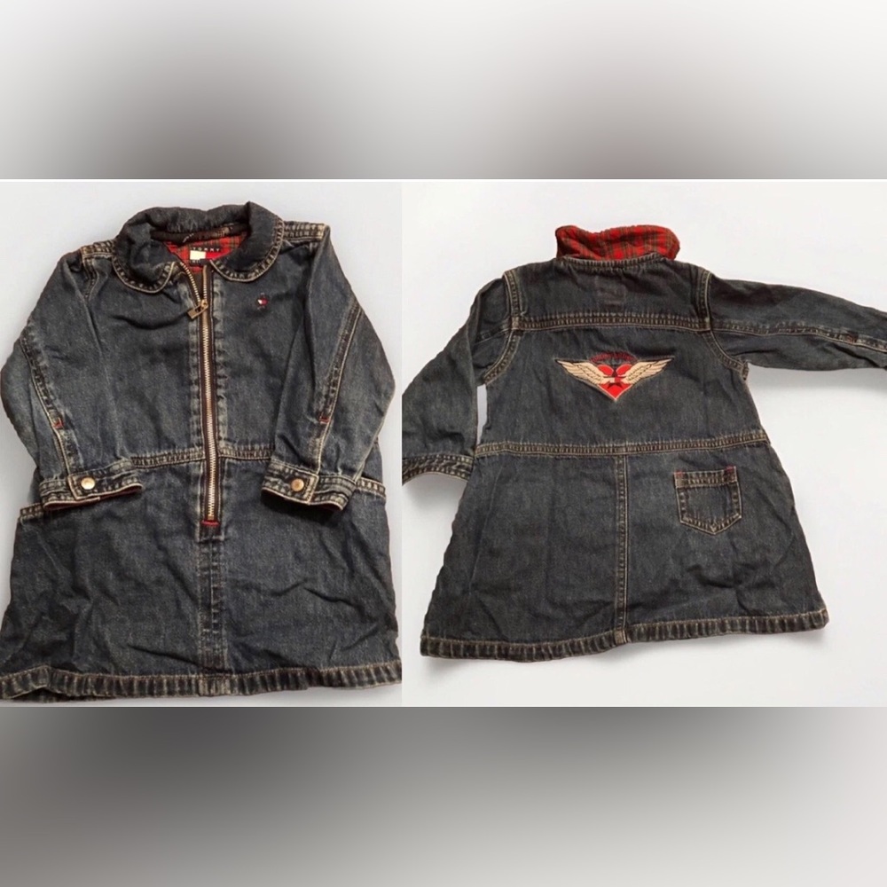 Y2K Tommy Hilfiger Dark Blue Denim Girls Dress w Red Plaid Trim Wing Patch 6-12M